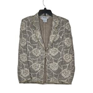 Carlisle Women's Blazer Jacket Linen Floral Print‎ Embroidered 1 Button Tan 8
